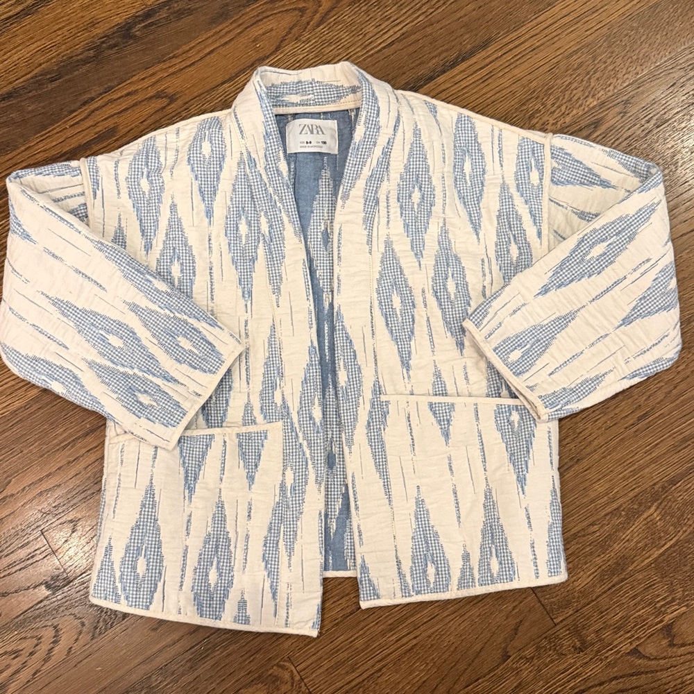 Zara Kids Blue and White Piped Jacquard Kimono Jacket